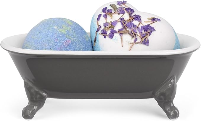 6.5" Ceramic Mini Decorative Clawfoot Bathtub Bar Soap Dish, Kitchen Sponge Holder and Shower Tray for Bathroom, 1 Pack(Stone Gray)