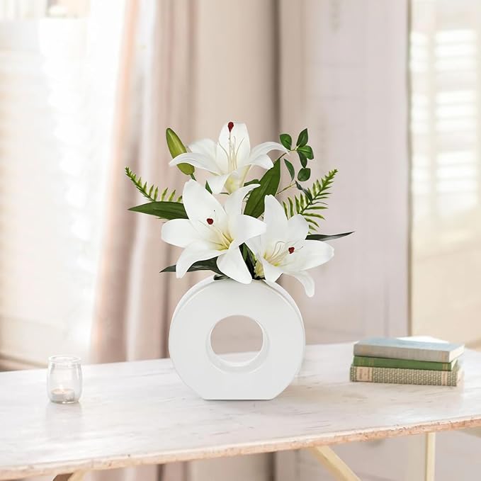 Artificial Flowers in Vase 13" Realistic Fake Lilies Flowers with 3 Heads Full Bloom Tiger Lily Floral Arrangement White Faux Flowers for Vase Table Centerpieces Home Wedding Bathroom Office Decor
