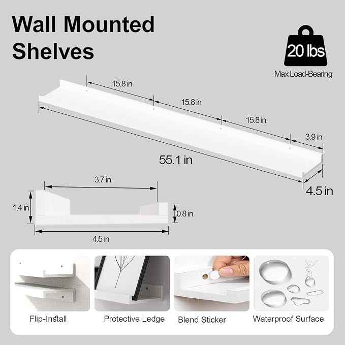 White Floating Shelves for Wall Decor, Long Wall Mounted Storage Shelf for Bedroom, Living Room, Bathroom, Kitchen, Nursery, Display Picture Ledge Shelf with Lip Set of 2-56 Inches, White