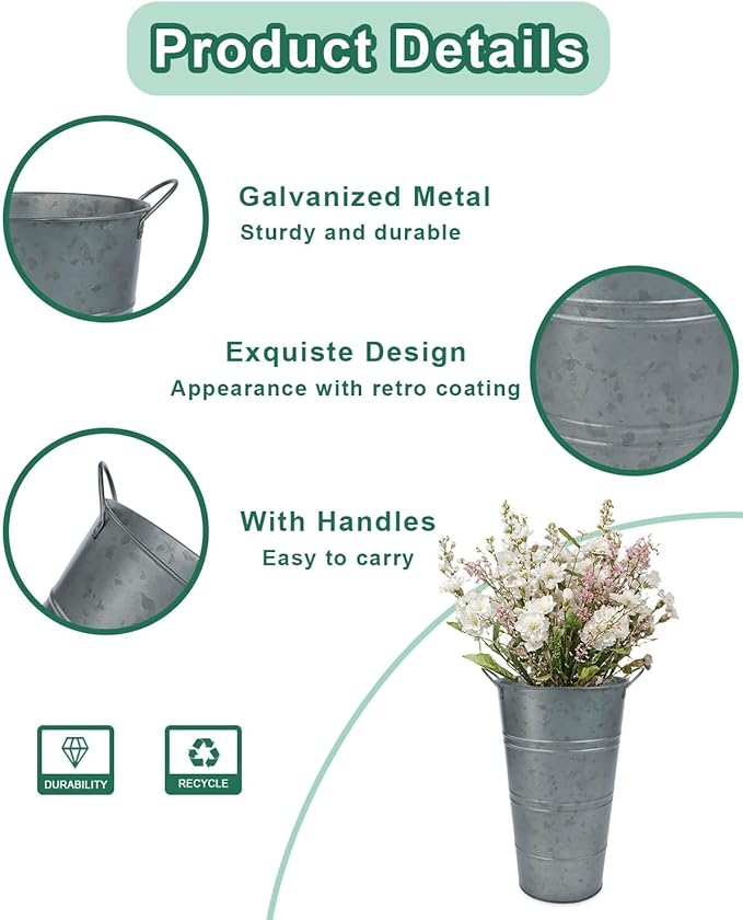 12 Inch Galvanized Metal Vases for Flowers - 6 Pcs Farmhouse Decorative Tall Flower Bucket with Handles, Rustic French Tin Planter Buckets for Wedding Decor (Galvanized Black)