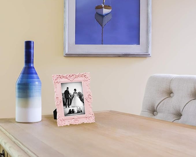 Laura Ashley 4x6 Pink Ornate Textured Hand-Crafted Resin Picture Frame with Easel & Hook for Tabletop & Wall Display, Decorative Floral Design Home Décor, Photo Gallery, Art, More (4x6, Pink)