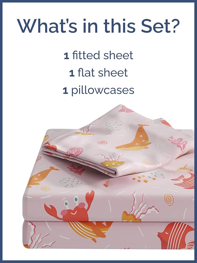 Kids Pink Fish Twin 3 Piece Sheet Set - Boys, Girls, Teens, Toddler - Easy Fit Deep Pockets - Breathable, Hotel Quality Bedding Sheets - Machine Washable - Wrinkle Free - Cute, Cozy, Soft - CGK Linens