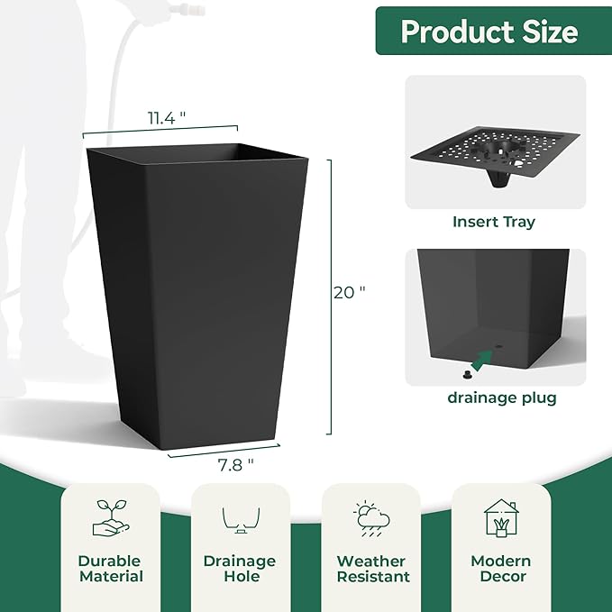 Worth Garden 20" Tall Planters Set of 2 – Large Black Tapered Plastic Flower Pots for Indoor & Outdoor Use – Modern Plant Containers with Drainage Holes – Ideal for Front Porch, Patio, Balcony