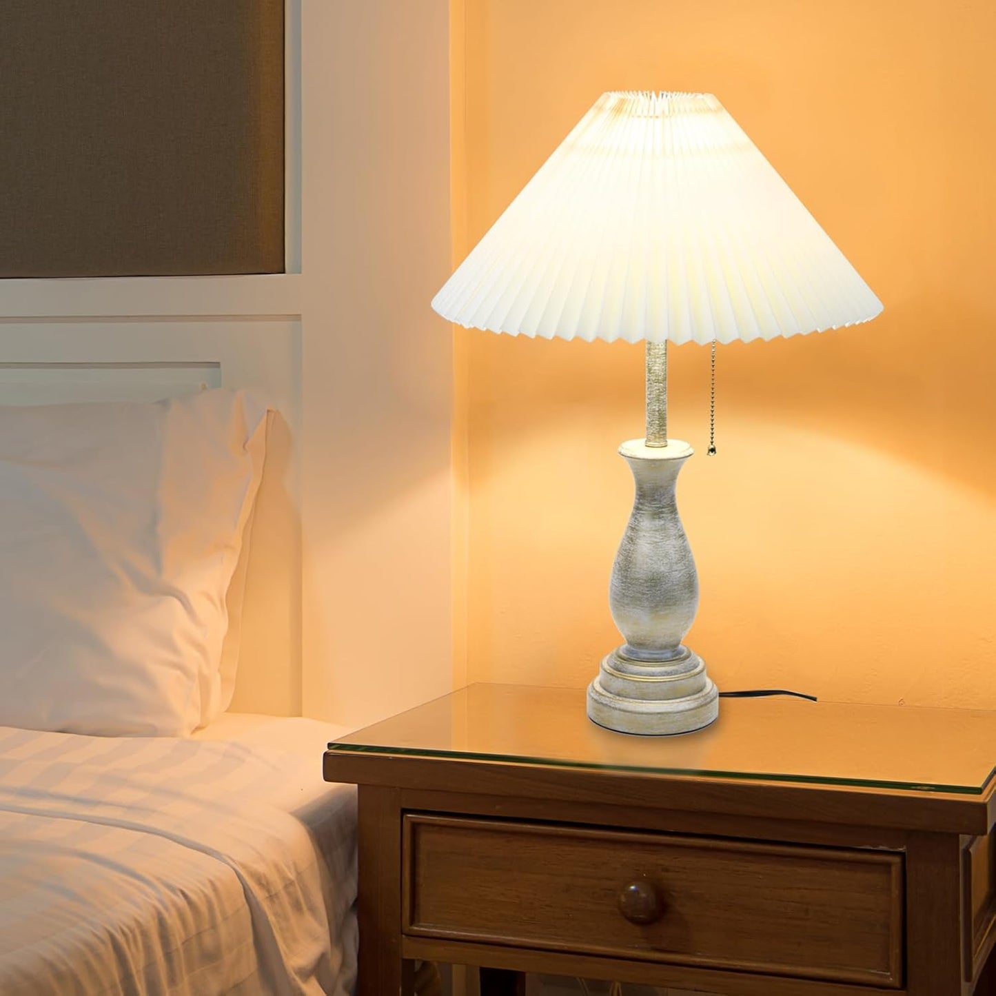 Skiennix Farmhouse Table Lamp - 3-Way Dimmable Nightstand Lamp with Fabric Shade | Modern Design for Living Room & Bedroom