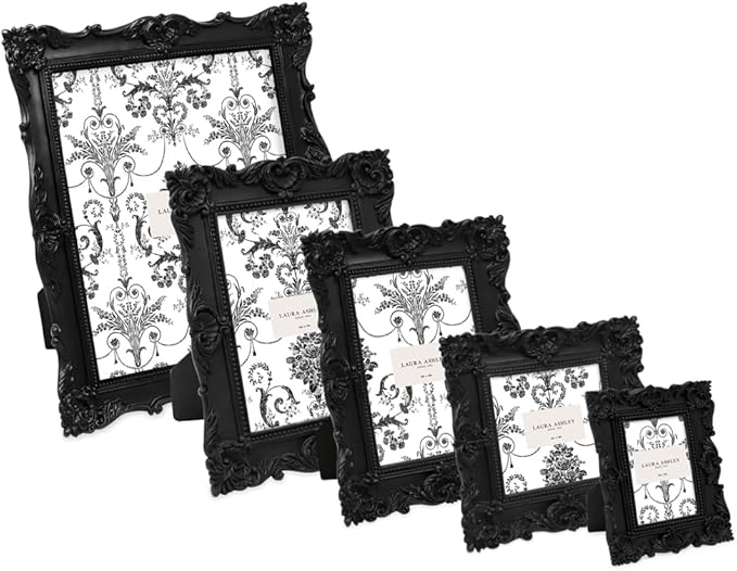 Laura Ashley 8x10 Black Ornate Textured Hand-Crafted Resin Picture Frame with Easel & Hook for Tabletop & Wall Display, Decorative Floral Design Home Decor, Photo Gallery, Art, More (8x10, Black)