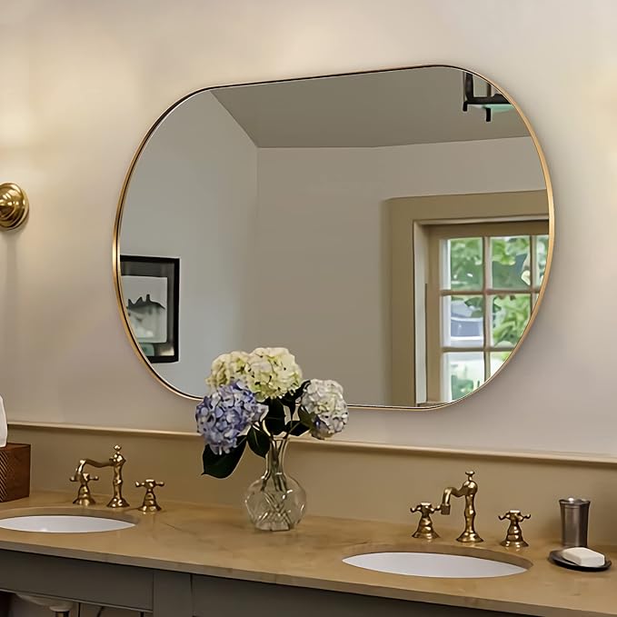 ANDY STAR Brushed Gold Bathroom Mirror, 48 x 30 Inch Oval Vanity Mirror, Brushed Brass Mirror for Wall in Stainless Steel Metal Frame 1’’ Deep Wall Mounted Horizontal/Vertical