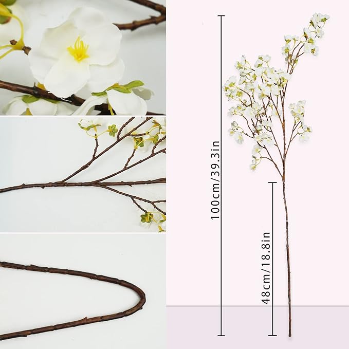 Uieke 3PCS Artificial Cherry Blossom Flowers, 40.5in Silk Cherry Blossom Branches Long Stems Fake White Flowers Arrangements for Wedding Home Japanese Sakura Room Decor