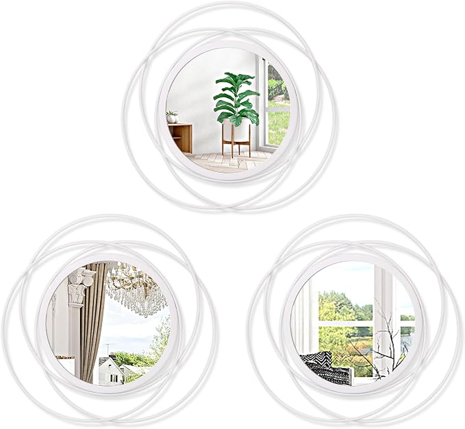 3 Set 12'' White Circle Mirrors Wall Decorative Wire Metal Mirror Art Small Round Mirror Home Decor Hanging Mirror for Room/Bedroom/Bathroom/Entryway