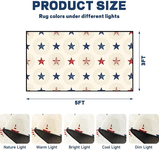 Star Area Rug 3'x5' Vintage Red Blue White Carpet Washable Low Pile Floor Mat Rugs for Entryway Bedroom Living Room Nursery Kitchen Playroom Home Decor