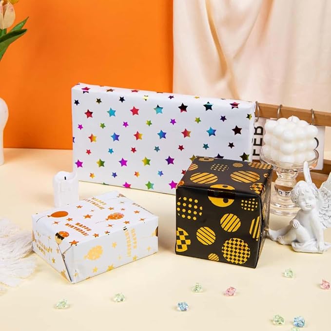 Linnoptimix Birthday Wrapping Paper Rolls -3 LARGE ROLL-27inch*78 inch per roll Colorful Foil wrapping paper (Birthday 1 White/Gold&1 Black/Gold &1White/Colorful Foil（012）)