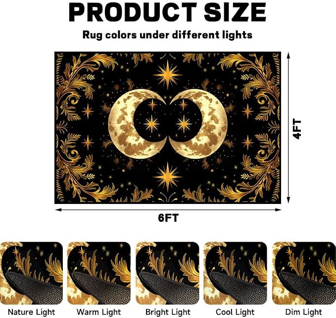 Sun Moon Star Area Rug 4'x6' Golden Boho Carpet Non-Slip Washable Low Pile Floor Mat for Bedroom Living Room Nursery Playroom Classroom Home Decor