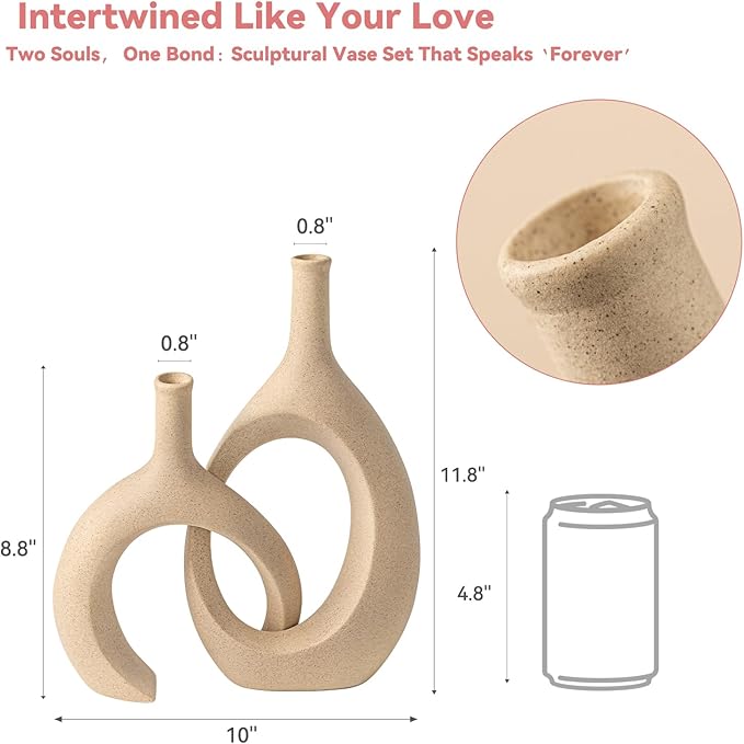 Intertwined Couple Vase Set - 2-Piece Ceramic Vases for Anniversary/Wedding Gifts, Rustic Farmhouse Decorative Vase for Living Room/Dresser, Gifts for Couples (His & Hers)