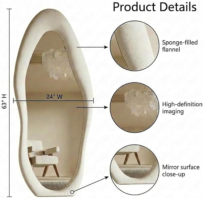 Honyee Full Length Mirror, 63" x 24" Wall Mirror, Irregular Wavy Full Body Mirror with Flannel Wrapped Wooden Frame, Hanging or Leaning Against Wall for Cloakroom, Bedroom, Living Room, Cream White