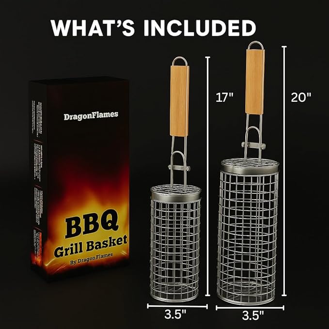 Grill Well 2.0 - Rolling Grill Basket (2 PCs) ideal as Birthday Gift for Dad who has Everything, BBQ Vegetables Grill Baskets, Outdoor Cooking Gadgets, Mens Gifts Ideas, BBQ Smoker Accessories & More