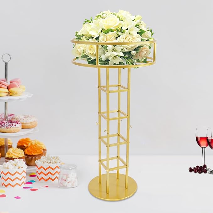 Wedding Flower Display Stand, Gold Open Flower Frame, 46.65 in Tall Metal Floral Riser, Wedding Centerpiece Top Flower Display Stand Pedestal, for Wedding Birthday Party Events Decor