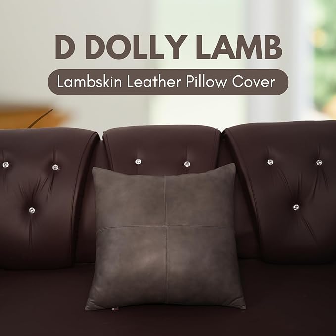 D DOLLY LAMB Lambskin Leather Pillow Cover - Sofa Cushion Case - Decorative Throw Covers for Living Room & Bedroom, 16x16 Inches - Grey Antique Plane Pack of 1