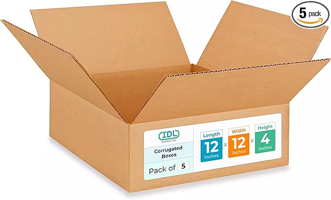 Medium Moving & Shipping Boxes 12 x 12 x 4 inches (5-Pack) - Extra Strength 200 lb vs Regular - Corrugated Durable Packaging Boxes - Medium Moving Box - Cardboard Packing Box by IDL Packaging