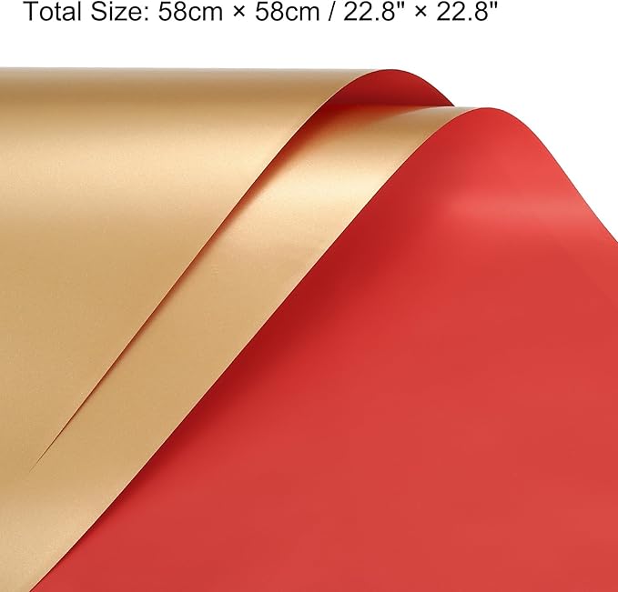 MECCANIXITY 20 Pcs Double Sided Color Flower Wrapping Paper Red+Gold 22.8"x22.8" Waterproof for Florist Bouquet Supplies, DIY Crafts, Gift Box Packaging