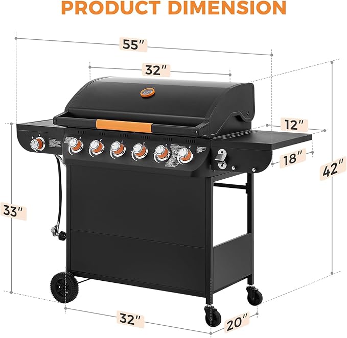 Lyromix 6 Burner Propane Gas Grill with Side Burner, Gas BBQ Grills With Porcelain-Enameled Cast Iron Grates and Bottle Opener, Grill for Outdoor Cooking, Patios, Backyards, 72000BTU