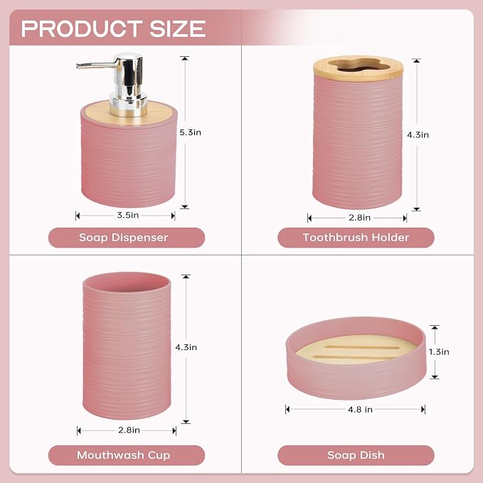 4 Pieces Bamboo Bathroom Accessories Set, Bathroom Accessory Set with Soap Dispenser and Toothbrush Holder, Soap Dish and Toothbrush Cup, Boho Bathroom Decor(LightPink)