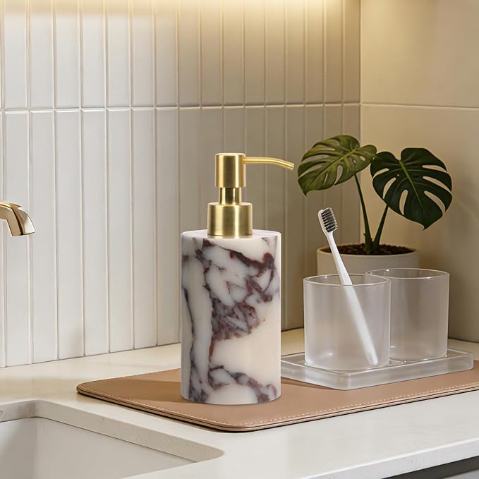 Natural Marble Soap Dispenser for Bathroom and Kitchen Countertop - 5.41 Ounces Hand Lotion and Liquid Stone Shampoo Laundry Bottle with Pump (1, Calacatta Viola, Cylindrical Bottle)
