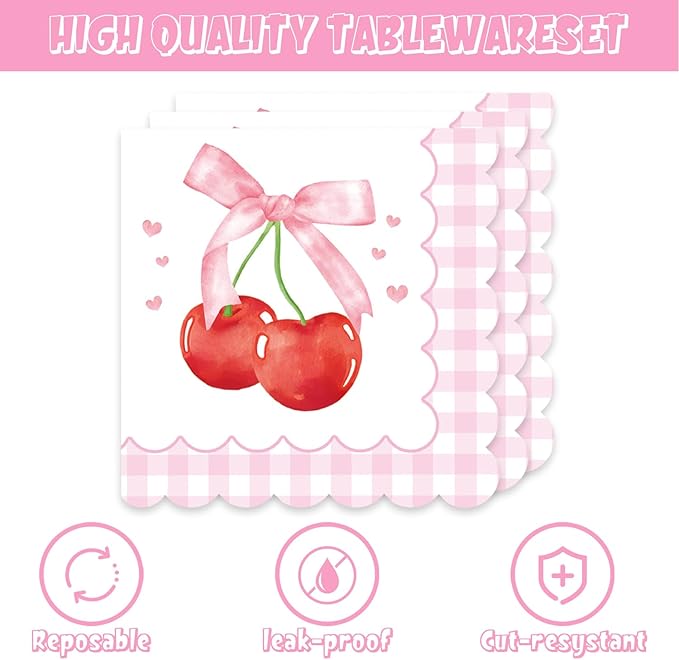40Pcs Cherry Birthday Decorations Pink Cake Plates and Napkins Set Party Supplies for Baby Shower Favors Pink Bow Birthday Decorations Serve 20