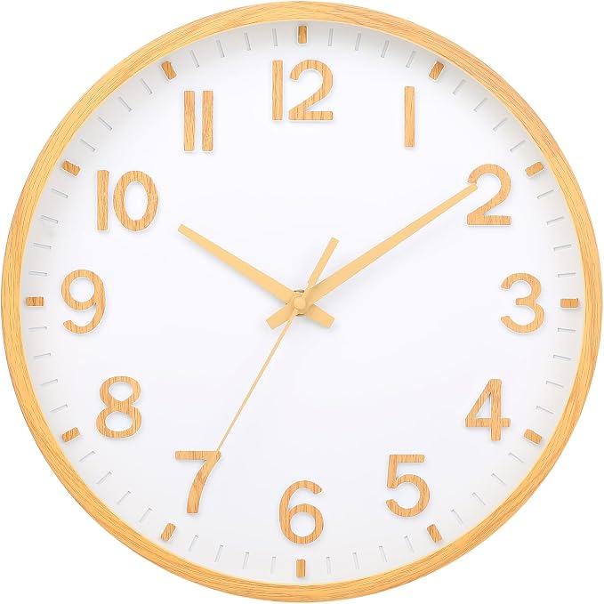 Wall Clocks Battery Operated 8 inch Modern Wall Clock,Silent Non Ticking Wall Clock for Living Room Bedroom Kitchen Office Classroom Decor (Wood Grain Yellow White)