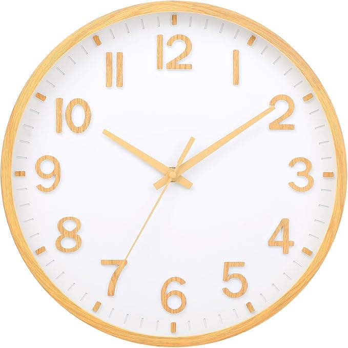 Wall Clocks Battery Operated 12 inch Modern Wall Clock,Silent Non Ticking Wall Clock for Living Room Bedroom Kitchen Office Classroom Decor (Wood Grain Yellow White)