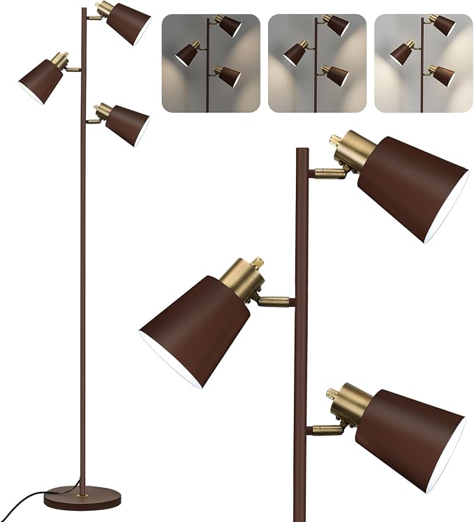 LALISU Tree Floor Lamp for Living Room, Industrial 3-Light Standing Lamp with 3 LED Bulbs, Adjustable Rotation Heads, Standing Tall Pole Lamp Farmhouse Rustic Reading Lamps for Bedroom Office (Brown)