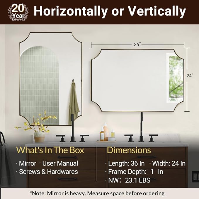 ANDY STAR Brushed Gold Rectangle Mirror, 24x36 Inch Scalloped Bathroom Mirror, Unique Rectangular Mirror with Scalloped Design, Anti-Rust Stainless Steel Frame Deep 1"