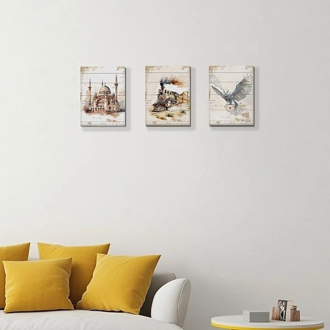 Magic Castle Canvas Wall Art Magic Express Train Snowy Owl Pictures Paintings Wall Decor Watercolor Magic Potter Nursery Posters Print Artwork for Kid Boy Bedroom Playroom Home Decoration 12x16 3pcs