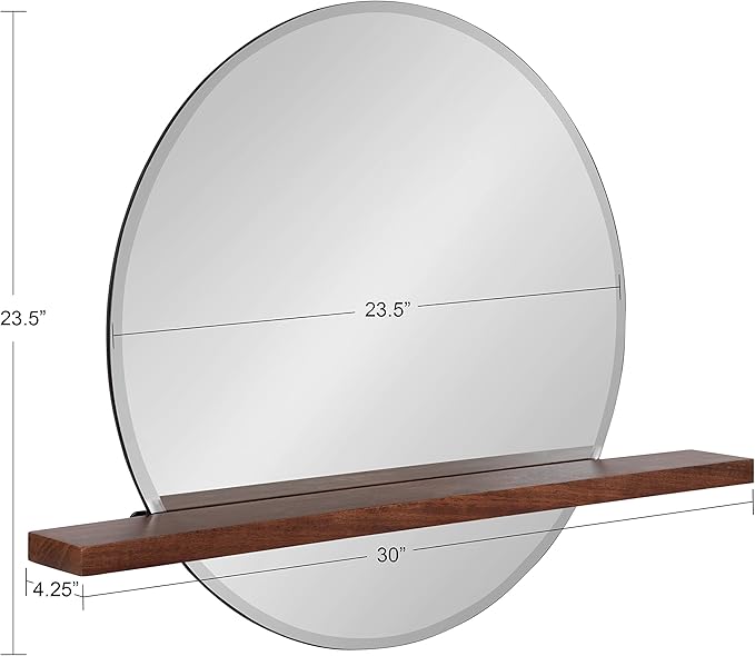 Kate and Laurel Fossett Frameless Round Wall Mirror, 24 Inch Diameter, Walnut Brown, Decorative Functional Mirror with Shelf for Storage and Display
