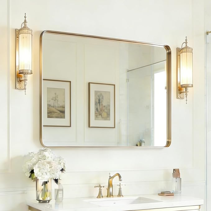 USHOWER Gold Bathroom Mirror 30"x40", Brushed Gold Rectangle Mirror for Over Sink, Aluminum Frame, Anti-Rust, Tempered Glass, Horizontal or Vertical Mounted, Champagne Gold (Neutral Gold)