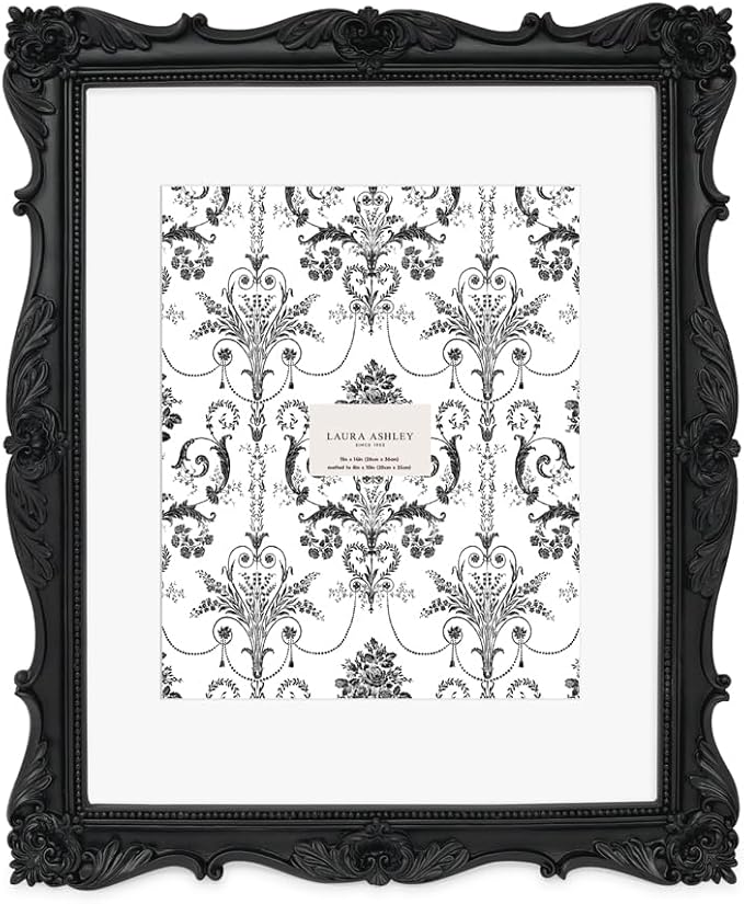 Laura Ashley 11x14 Black Ornate Textured Hand-Crafted Resin Picture Frame, Wall Mount, Decorative Floral Design Home Décor, Photo Gallery, Art, More (Black, 11x14 (Matted 8x10))