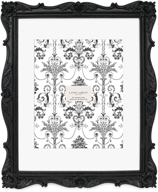 Laura Ashley 11x14 Black Ornate Textured Hand-Crafted Resin Picture Frame, Wall Mount, Decorative Floral Design Home Décor, Photo Gallery, Art, More (Black, 11x14 (Matted 8x10))