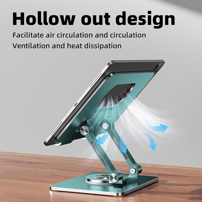 iPad Holder Stand, Tablet Holder with Thickened 360° Rotating Base Dual Rod Adjustable Aluminum Stand for All 4-12.9’’ iPad Surface Samsung Phone Tablet Kindle E-Reader and More, Space Gray