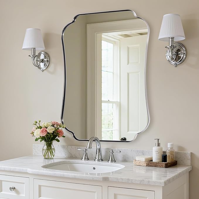 ANDY STAR Chrome Bathroom Mirror 24x36 Inches, Modern Scalloped Wall Mirror with Distinctive Notched Edge Stainless Steel Frame for Hallway, Lounge and Vanity Area