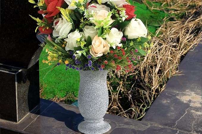 Grave Vase for Cemetery Memorial Grave Decoration Marble Color with Ground Spikes Comes with Flower Foam…