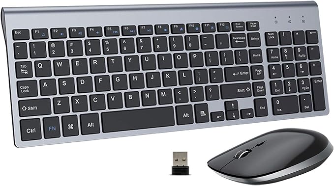 FENIFOX Keyboard and Mouse Wireless, USB 2.4GHz Combo Silent Quiet Low Profile Compact Full Size Flat Slim Thin Portable with Number Pad Soft Cover for PC Laptop Computer Office - Black & Grey