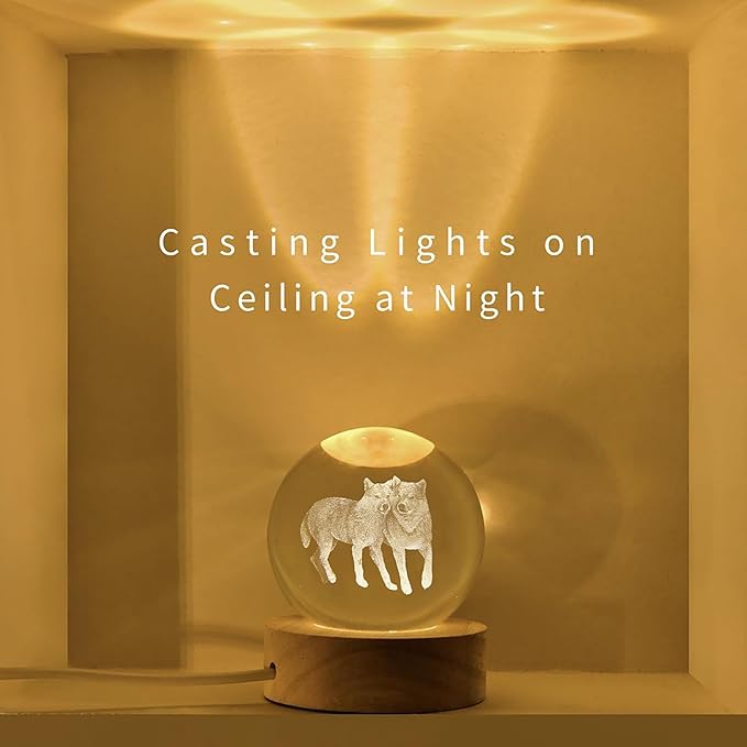 3D Wolf Crystal Ball with LED Light Base, 60mm Glass Sphere Decorative Balls, Wolf Figurine Lamp Gifts for Women Kids
