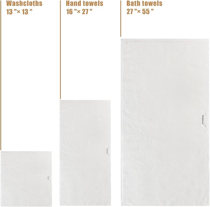 SEMAXE Bath Towel Set, 18 Piece Towel Set for Bathroom, Large Value Pack, Quick Dry Cotton Towels with Hanging Loops, Easy Care, White