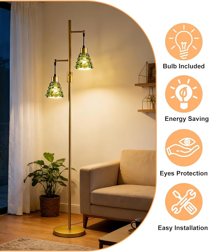 Lightdot 65IN Glass Floor Lamp for Living Room, 2- Light Gold Floor Lamps with Green Glass Shade& Warm White Bulbs, Modern Standing Tall Lamp with 5Lbs Heavy Base for Bedroom/Corner Beside/Home Decor