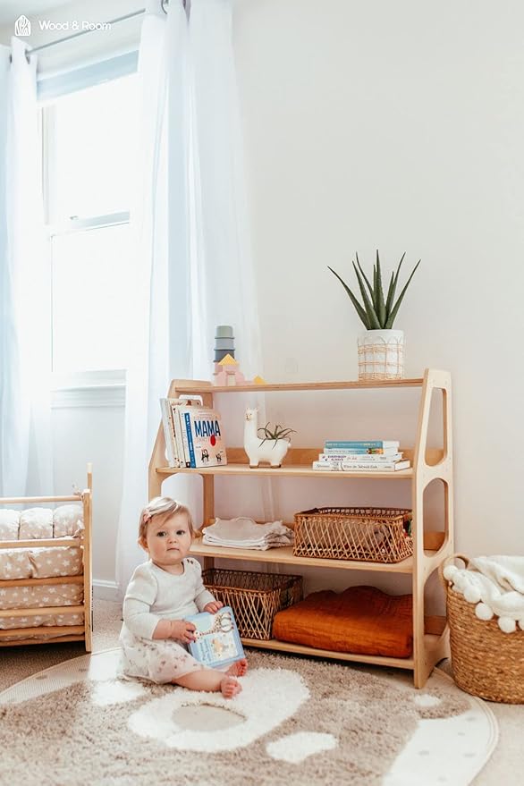 WOOD&ROOM Montessori Corner Shelf - 3 Tier Wooden Kids Bookshelf for Toddlers, Book Storage for Classroom, Toy Shelf Organizer, Small Bookshelf for Kids Room, Nursery Montessori Furniture