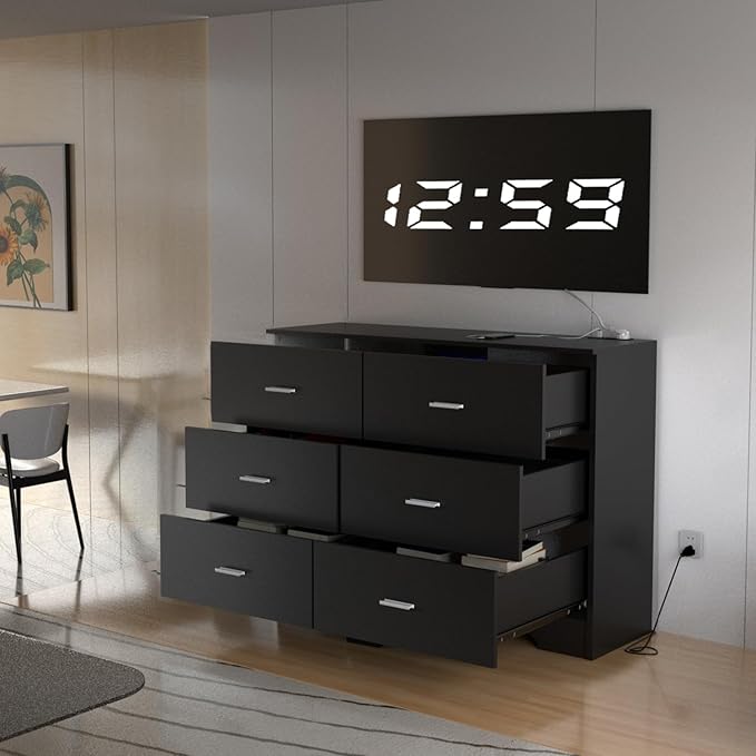 Dresser for Bedroom Black Drawer with Power Outlets Wood 6 Drawer Dresser with Large Organizer Tall Modern Chest of Drawers Close for Bedroom Living Room Kids Room Hallway
