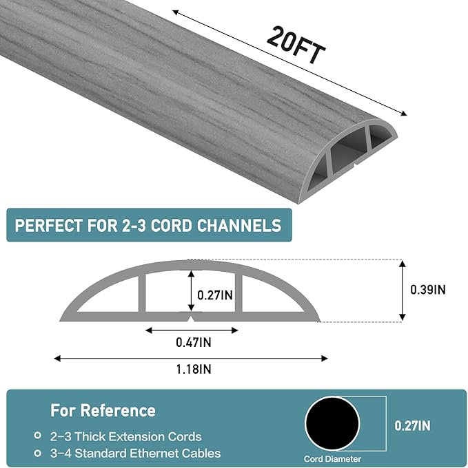Floor Cord Cover Self Adhesive Cord Hider Floor Extension Cord Covers for Floor Power Cord Protector Cable Management Prevent Cable Trips Cable Cavity 0.47" W x 0.27" H (Light Grey Wood, 20Ft)