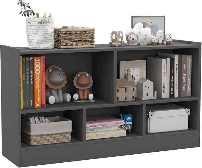 Toy Storage Organizer, 2-Tier Kids Bookshelf, 5 Cube Kids' Bookcases, Cabinets & Shelves, Wooden Toy Organizers, Small Book Shelf for Bedroom, Playroom, Classroom, Nursery (Gray)