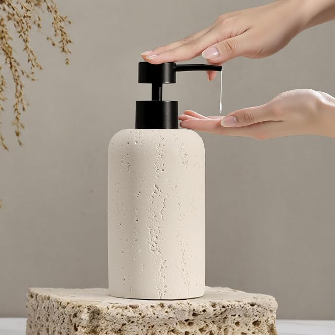 Soap Dispensers 400mL 13.5 OZ, 2 PCS Luxurious Hand Dish Lotion Shampoo Soap Dispenser Jar, Travertine Soap Pump Bottles for Kitchen Bathroom Countertop (Cream)