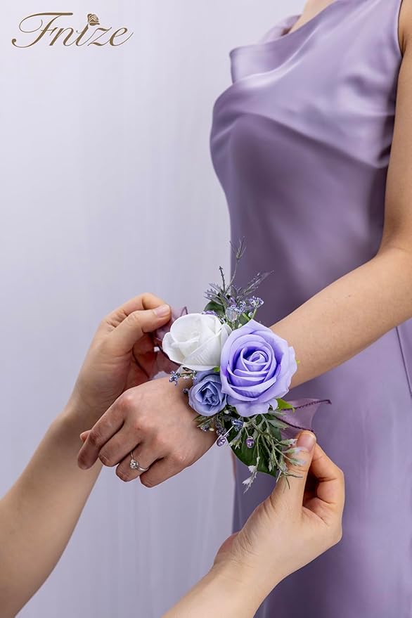 Fnize Purple Corsage and Boutonniere Set for Bride Groom Bridesmaids Groomsmen Wedding Homecoming Flowers Prom Suit Accessories, Rose Boutonniere and Wrist Corsage Flower