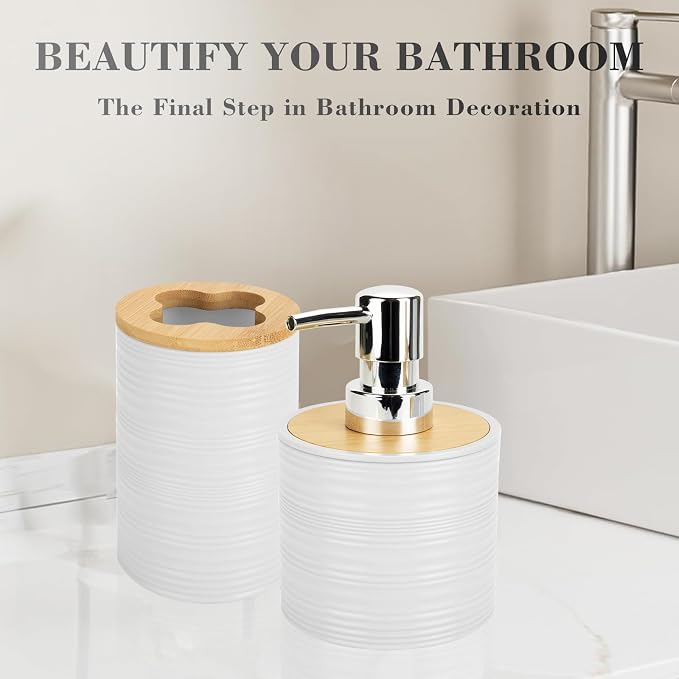 2 PCS White Bathroom Accessories Set, Soap Dispenser and Toothbrush Holder Set, Plastics & Bamboo Bathroom Set, Bohemian Style Bathroom Sink Set