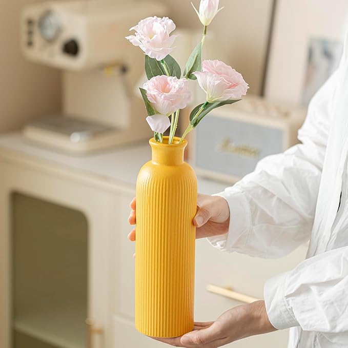 Modern Ceramic Vase Set, Yellow Ribbed Matte Design, 3-Piece Decorative Vases for Home, Living Room, Office (Yellow)